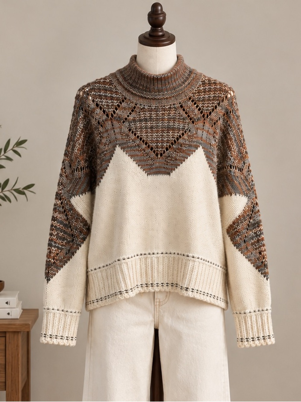 FDJ Cream Marled Open Knit Sweater Size L Grandpa Cabin Core Après Ski Boho